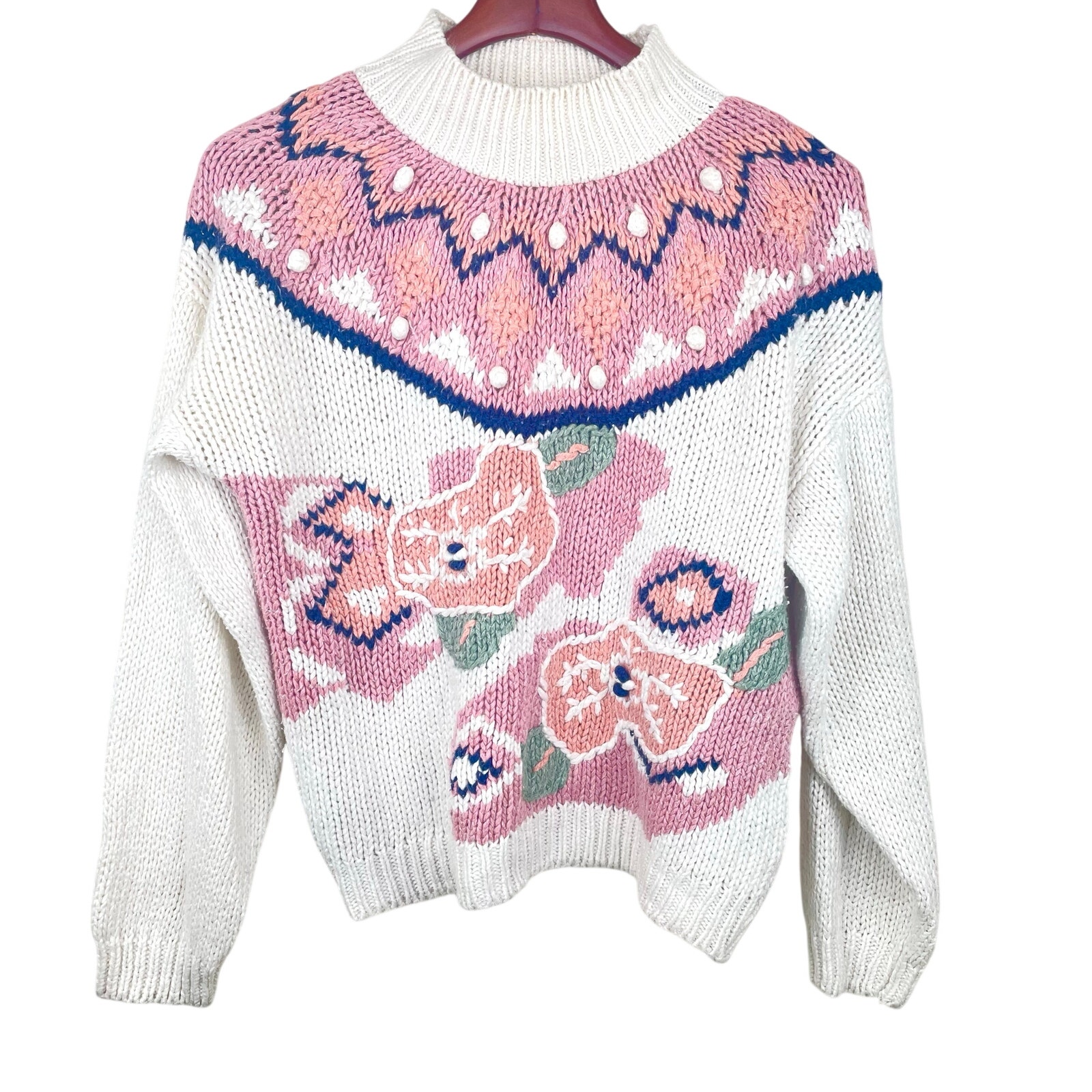 Vtg Womens Sweater Sz L Fair Isle Handmade Scandi Chunky Thick Cottage Grandma